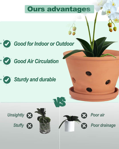 vensovo Terracotta Orchid Pots with Holes and Saucers - Clay Orchid Planter Pots for Repotting, Plant Flower Pots for Orchid Indoor and Outdoor Promotes Air Circulation