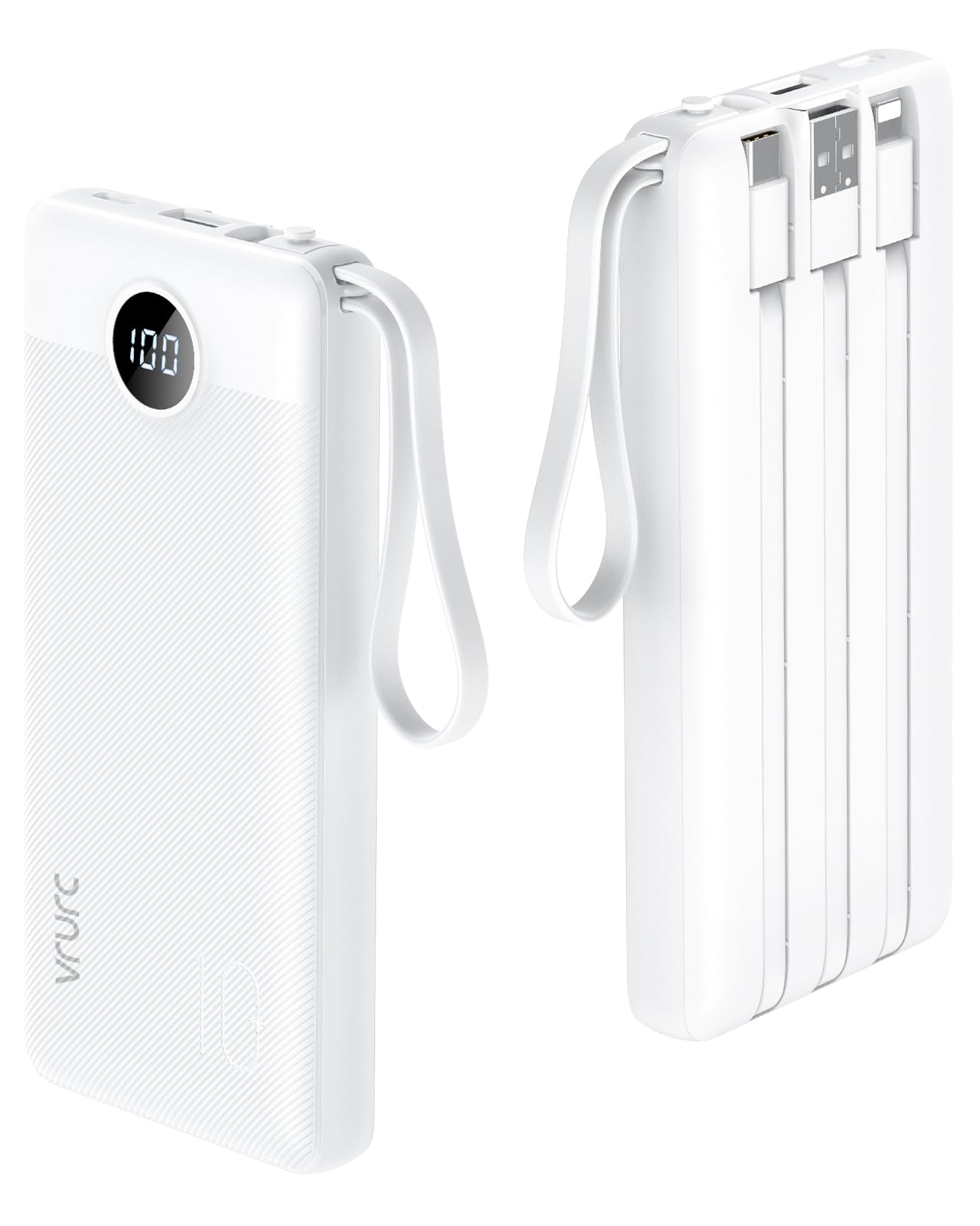 VRURC Portable Charger with Built in Cables, Slim Power Bank 10000mAh, USB C Battery Pack Travel Essential, 5 Outputs 2 Inputs Phone Charging Bank for iPhone 16 15 14 13,Samsung,Android-Black(1 Pack)