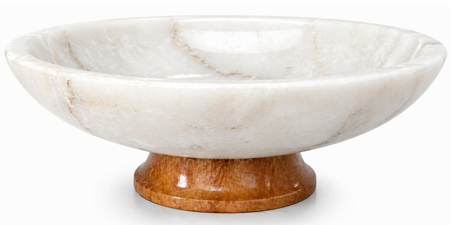 White Marble Fruit Bowl with Pedestal, 11" Large Decorative Centerpiece Bowl for Dining Table, Modern Kitchen Counter Fruit Bowl, Handcrafted Stone Marble Bowl, Luxury Home Decor Accent