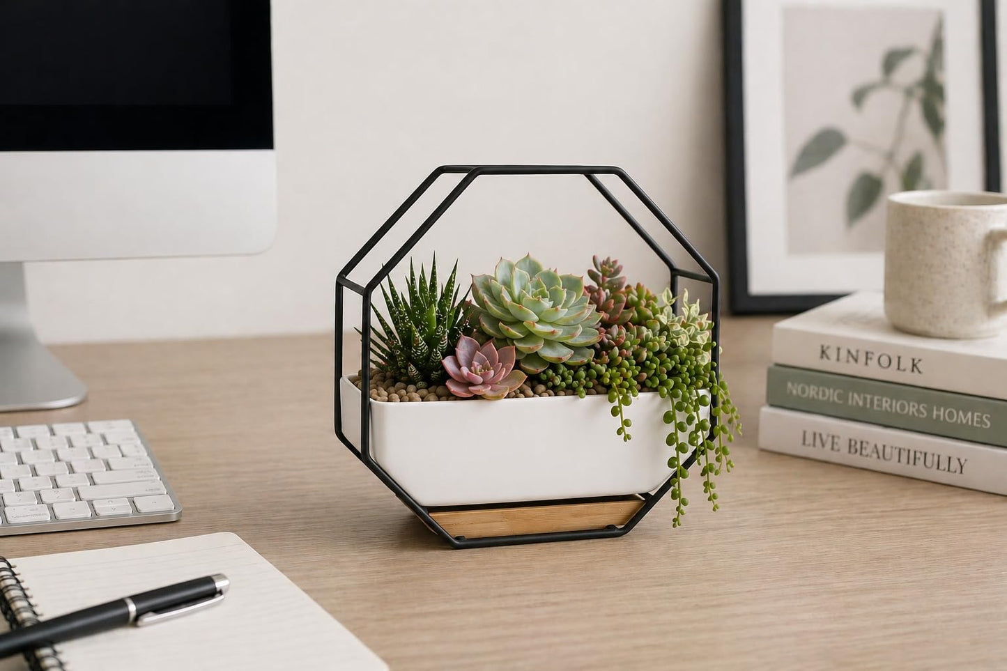 IRYL Wall Planter for Indoor Plants - Ceramic Wall Hanging Planter Set with Bamboo Tray & Hooks - Decorative Wall Plant Holder - Modern Wall Planters for Vertical Garden Home Decor - Black
