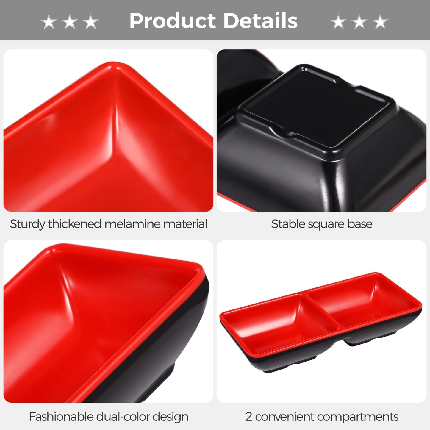 Tideme 15 Pcs Dual Dipping Bowls, Melamine Soy Sauce Dishes, Black Red Sushi Sauce Dipping Plates, Japanese Style Divided Cups, 2 Compartments Appetizer Serving Trays for Kitchen, Restaurants