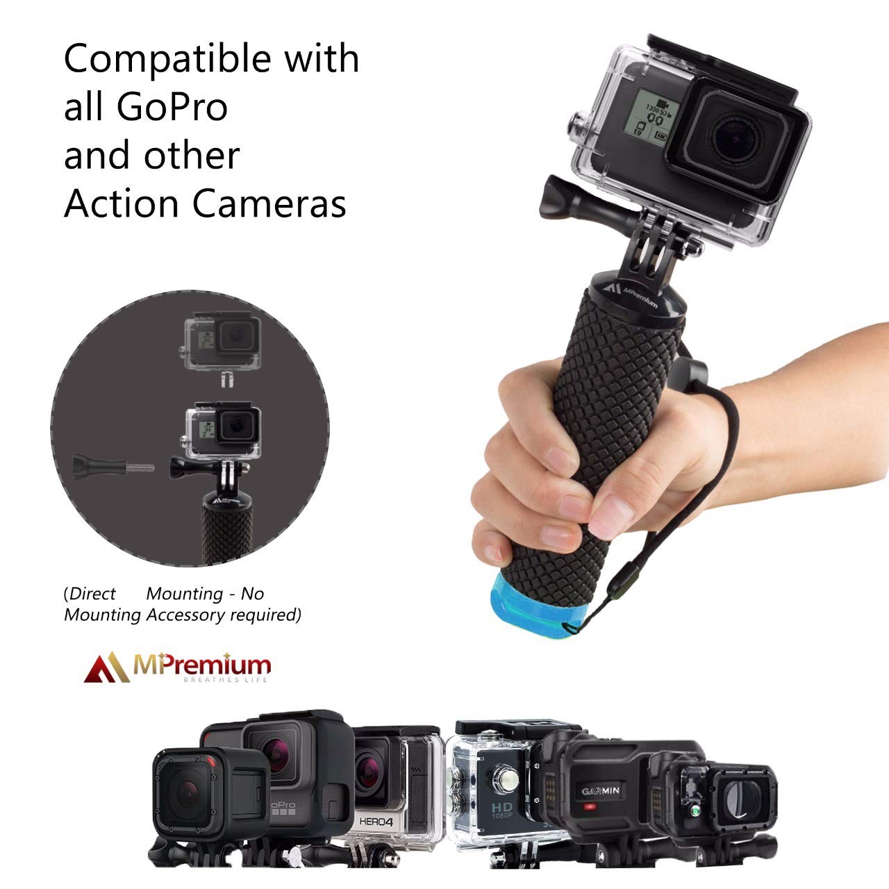 Floating Hand Grip Waterproof Monopod for GoPro Hero 13 12 11 10 9 8 7 6 5 4 3+ 2 1 Session Black Silver Handler & Handle Mount Accessories Kit for Water Sport and Action Cameras (Blue)