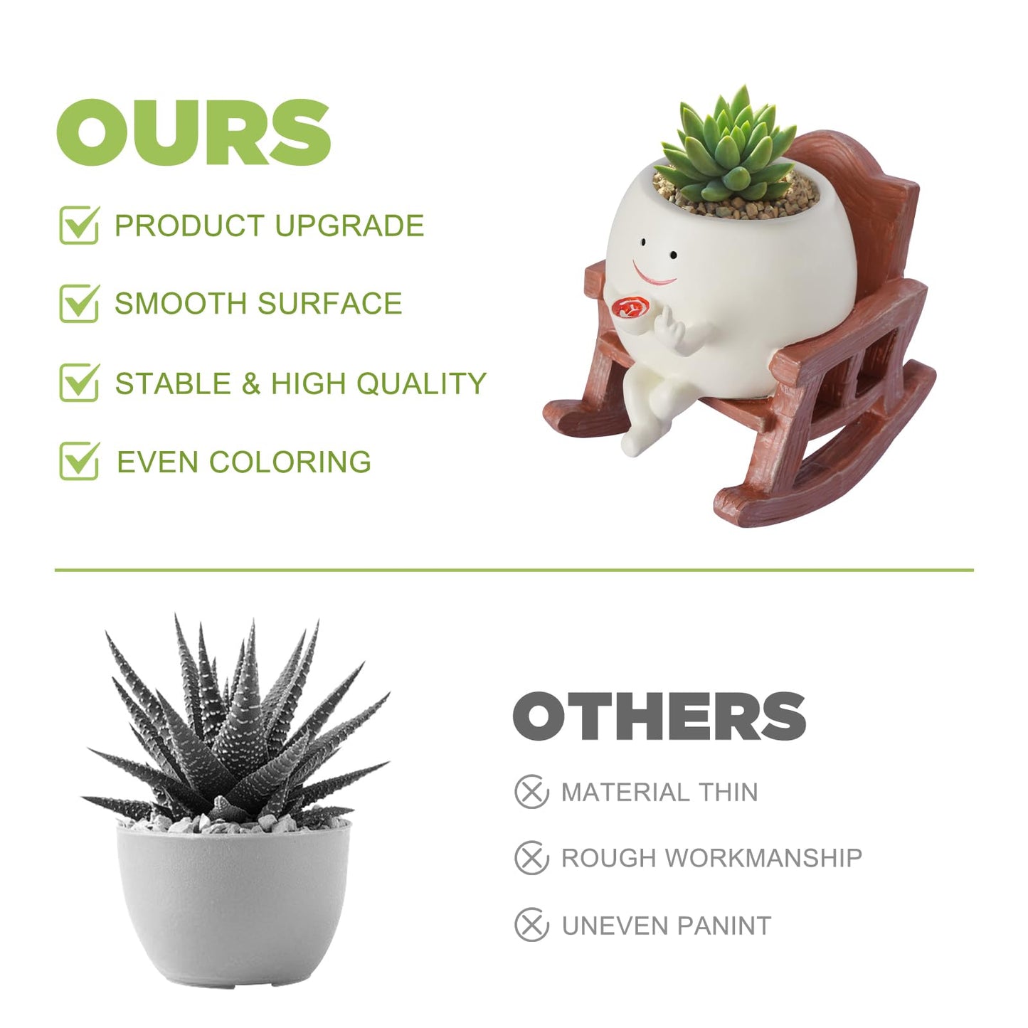 Heakrit Smiley Face Plant Pots, Cute Resin planters for Indoor Outdoor, Unique Rocking Chair Succulent Pots with Drainage Hole, Gift IdeaI for Family and Friends, Brown