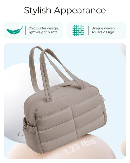BAGSMART Gym Bag for Women, Lightweight Puffer Duffle Bag 2-PC Travel Bag, 31L Weekender Overnight Bag Quilted Carry On Tote Bag, Diaper Hospital Dance bag for Travel, Gym, Water Resistant, Camel