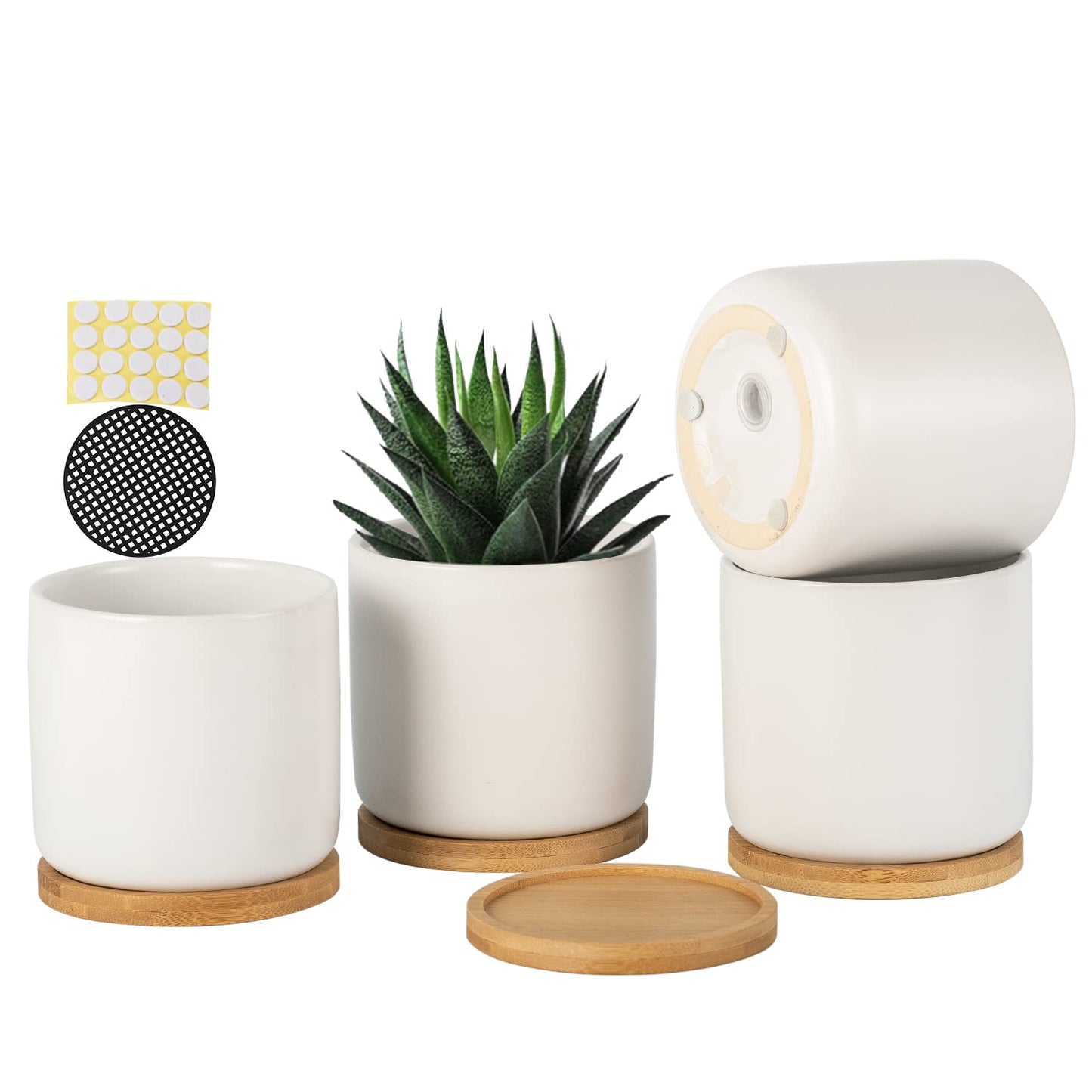 OMAYKEY 4 Inch Ceramic Plant Pot with Saucer, White Planters Pots with Drainage Hole and Mesh Pads for Succulent, Snake, Cactus, Herbs - 4 Packs(Plant Not Included)