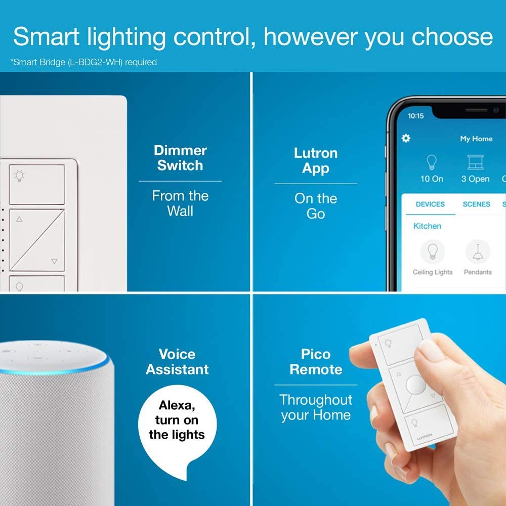 Lutron Caseta Original Smart Dimmer Switch With Wallplate (Lutron Smart Hub Required), for LED Lights, 150 Watt, Single-Pole/3-Way, No Neutral Required, PDW-6WCL-WH-A, White