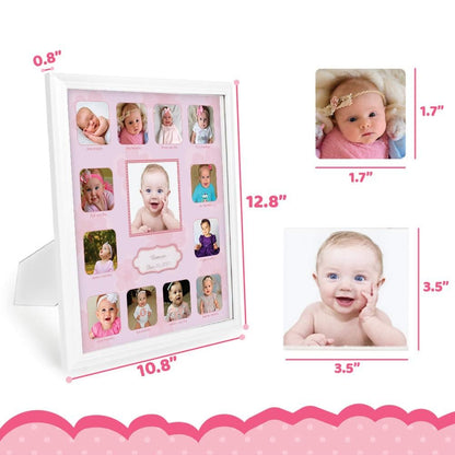 Comfecto 12 Month Baby Picture Frame Collage, Babies First Year Photo Frame, First Year Baby's Memory Frame, Milestone Keepsake Display for Newborn, Baby Registry Gift for Expecting Parents, Pink