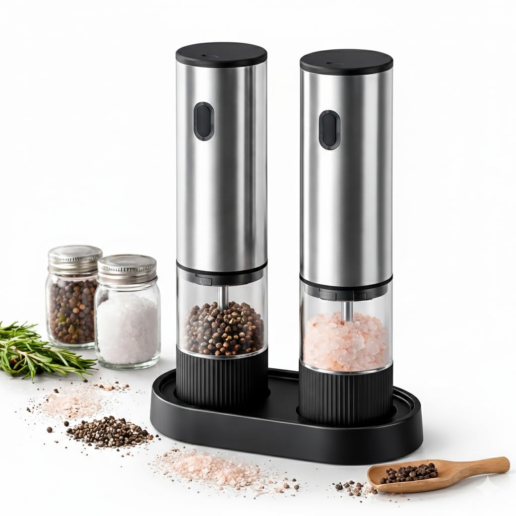 PONDI USB-C Rechargeable Electric Salt & Pepper Grinder Set (2 Pack) – One-Handed Automatic Mills with LED Battery Indicator & 5 Adjustable Coarseness Levels, Stainless Steel