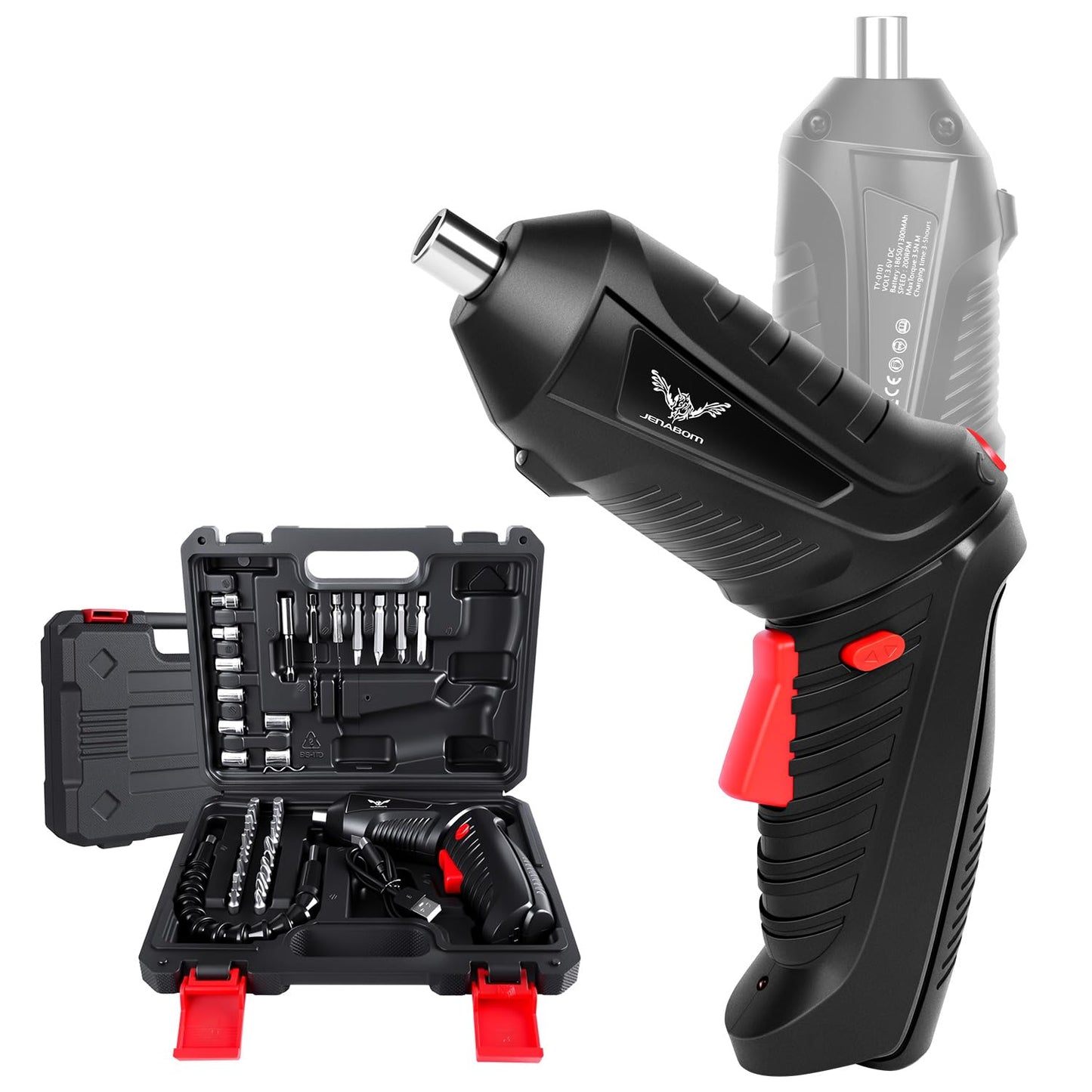 JENABOM Electric Screwdriver Cordless, 47 in 1 Upgrade Portable Cordless Driver, 3.6V Rechargeable 3.5N·m Screwdriver Kit, Dual Position Handle with LED Light for Home Improvement DIY Project
