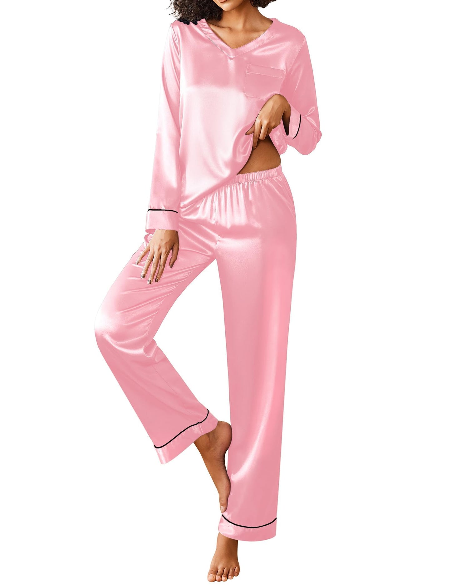 Ekouaer Silk Pajama for Women Long Sleeve Satin Pj Set Two Piece Soft Sleepwear Loungewear S-XXL