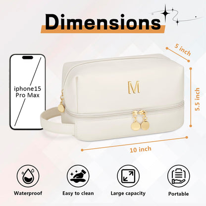 CLOUDWINGS Initial Makeup Bag for Women - Personalized Double Layer Cosmetic Bags with Makeup Brush Organizer, Hanging Travel Toiletry Bag with Large Capacity, Gifts for Mom Girlfriend Wife（Beige M）