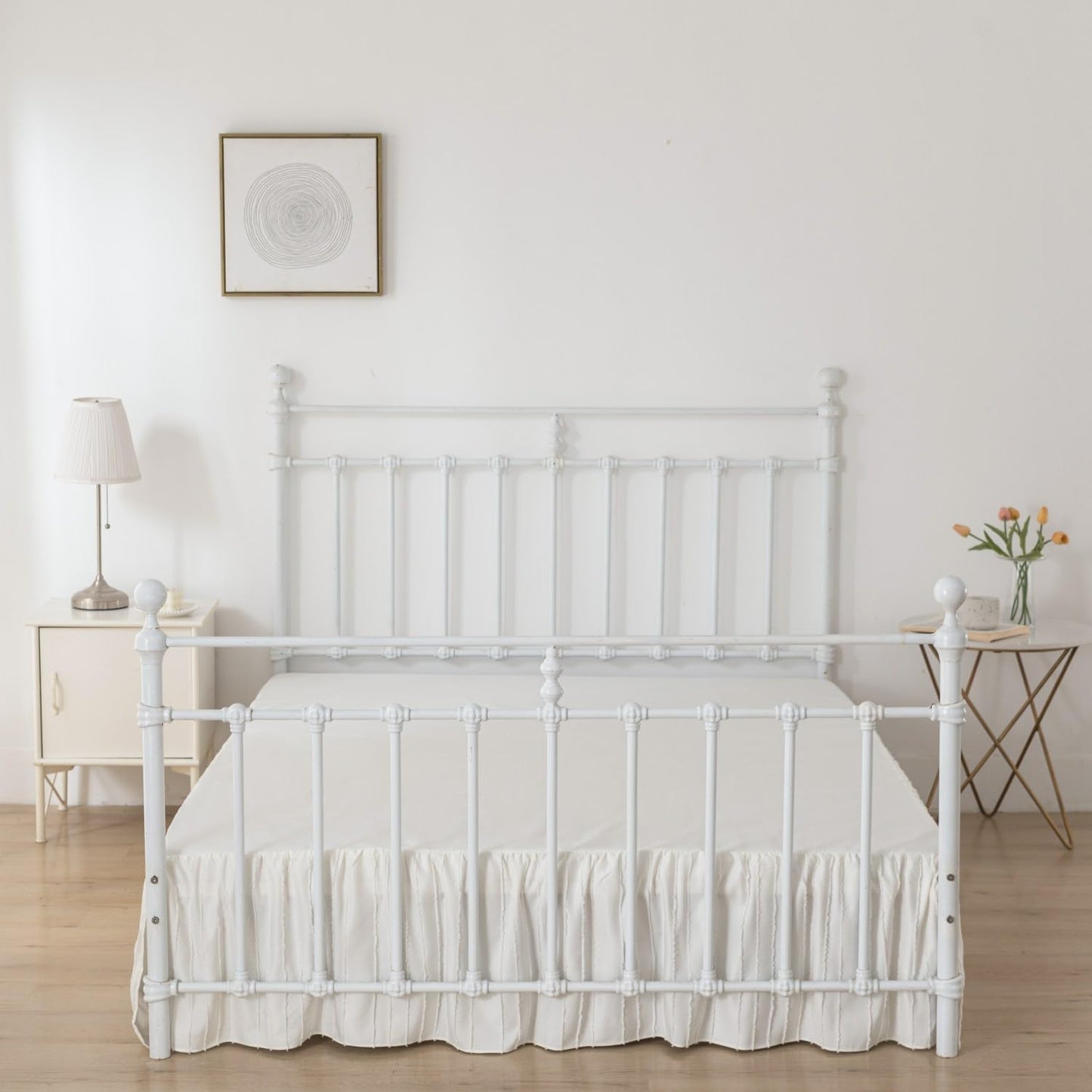 Bed Skirt Queen Size Ruffled Bed Skirts with Split Corners, 14 Inch Drop Dust Ruffle Bed Skirt with Platform, Tufted Boho Bed Skirting Queen Size, Striped, Ivory, 14" Queen