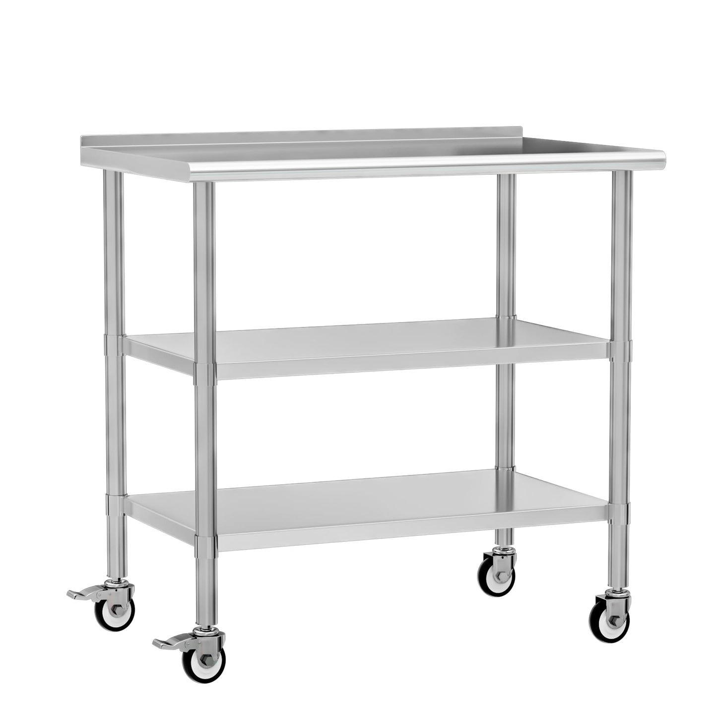 Chingoo Stainless Steel Work Table with Wheels, 24x48 Inch NSF Food Prep Table with Backsplash & 2 Adjustable Undershelves for Commercial Kitchen, Restaurant, Garage