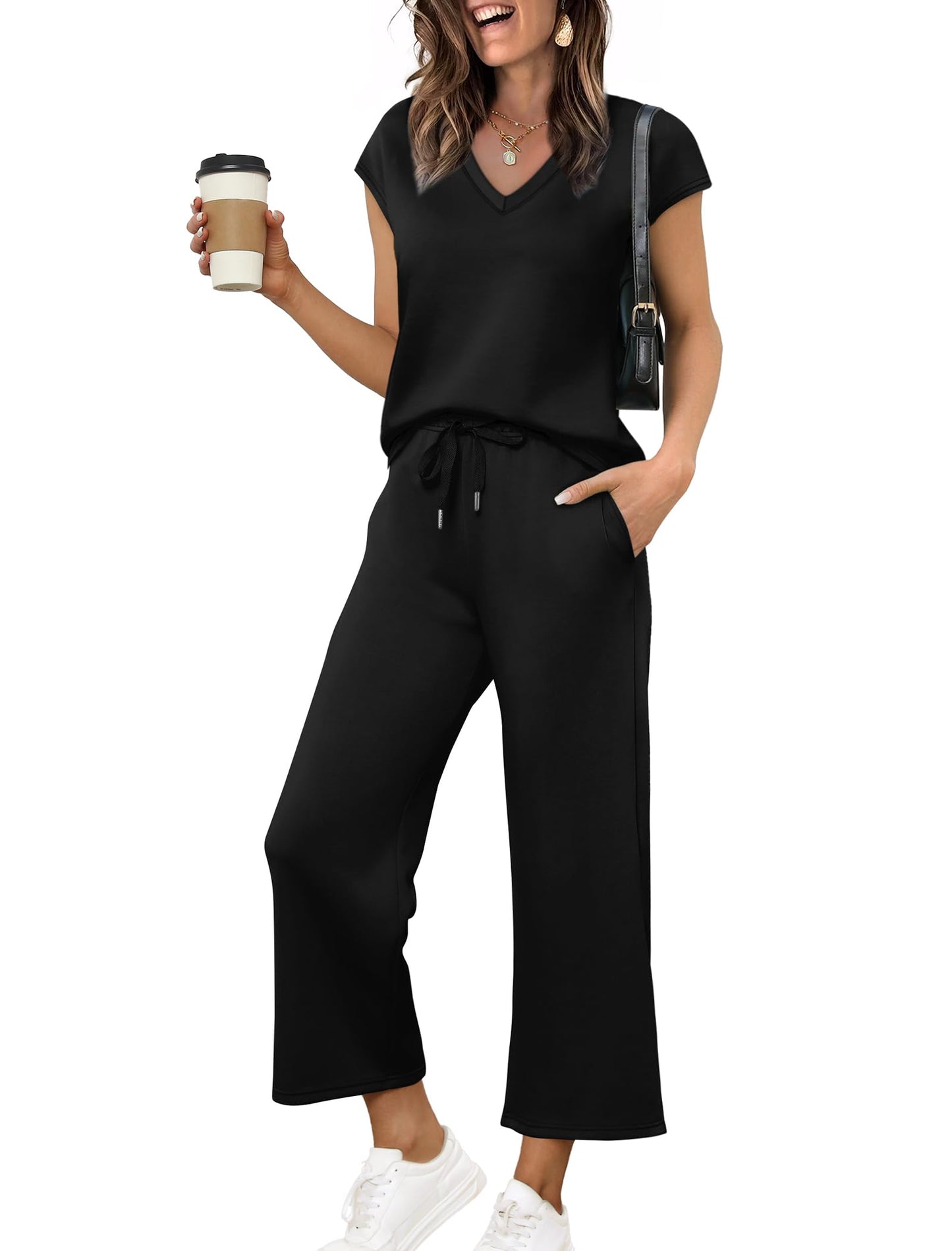 Two Piece Sets for Women Lounge Set Summer Travel Outfits Business Casual Matching Sets Women Clothing Beach Vacation Clothes Wide Leg Crop Pants Black L