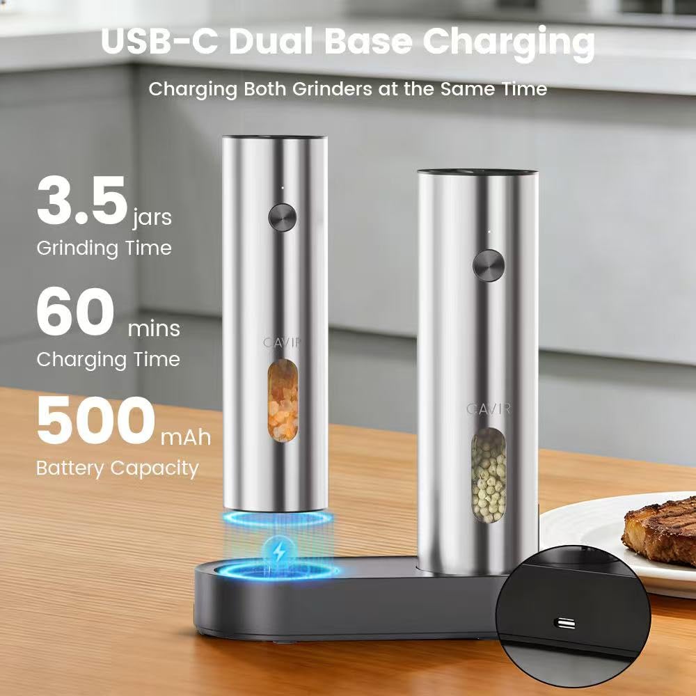 Cavir Electric Salt and Pepper Grinder Set with Charging Base,Upgraded Large Capacity, Automatic Salt and Pepper Mill Set LED light & 6-Level Adjustable Coarseness, Ideal for Home Kitchen BBQ