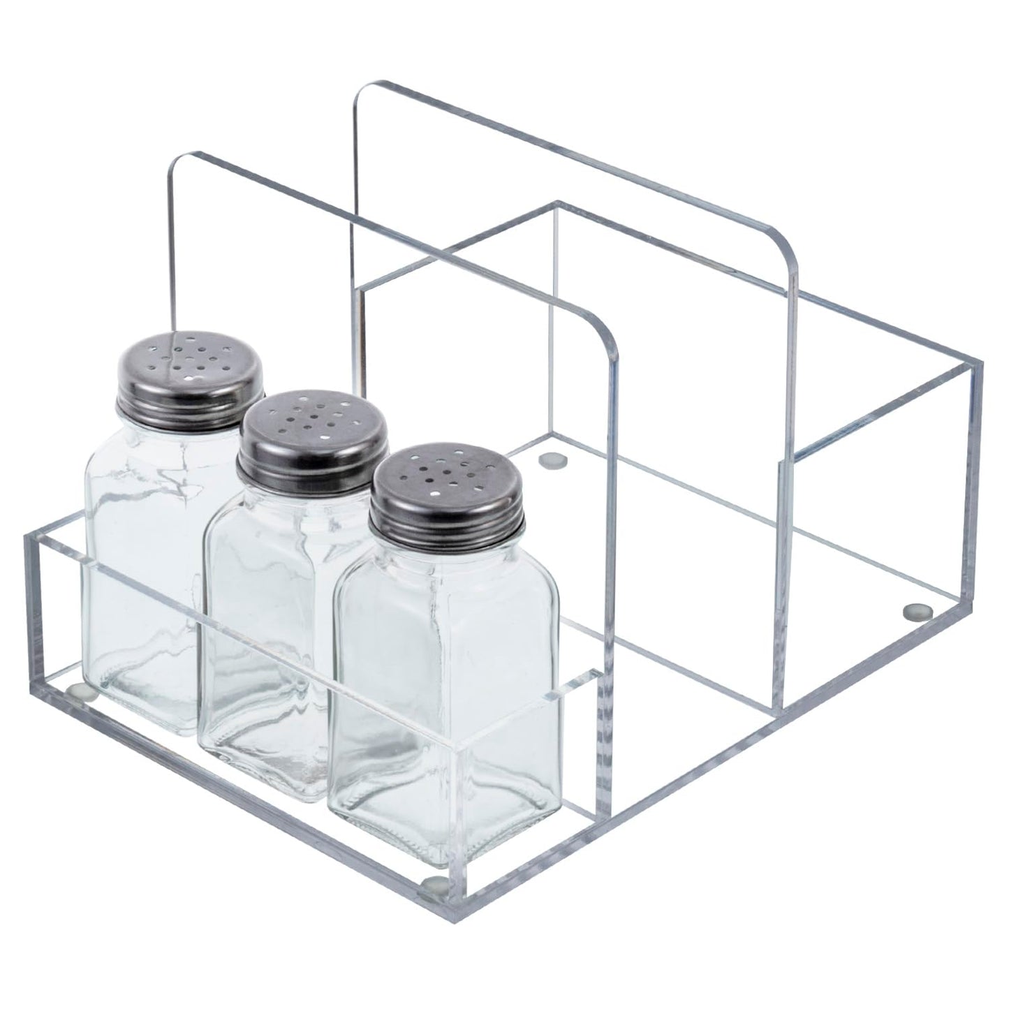 MyGift 2-in-1 Acrylic Napkin Holder with Salt and Pepper Shakers, Metal Vintage Scrollwork Dinner Table Paper Towel Condiment Holder with Rustic Solid Wood Base (Premium Clear Acrylic)