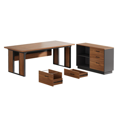 Tribesigns 63‘’ L-Shaped Executive Desk, Office Table with 39.37-Inch Drawers Cabinet, Large Computer Desk with Storage Shelves, Business Furniture Set for Home Office, Brown & Black