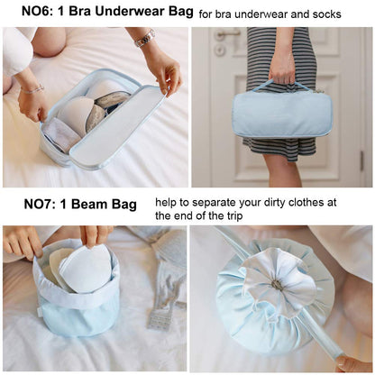 Travel Packing Cubes 8 Pcs Set, Luggage Packing Organizers with Shoe Bag and Toiletry Bag(Light Blue)