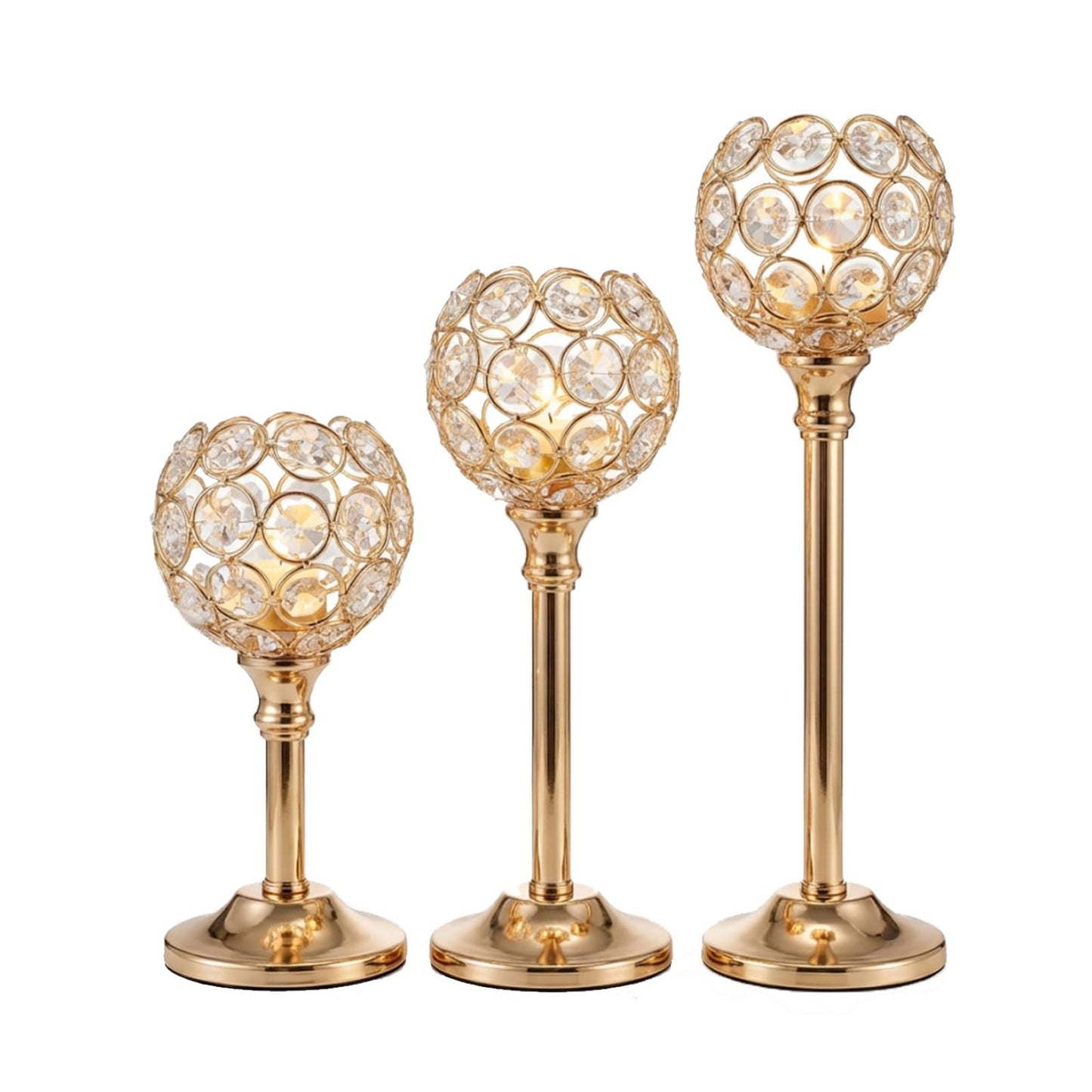 HearthLume Candle Holder Candlestick Holders- 1Set Gold Crystal Pillar Candle Holders,Metal Candlestick Stands for Wedding Centerpieces,Table Decor for Church,Valentine's Day Housewarming Gift,3Pcs