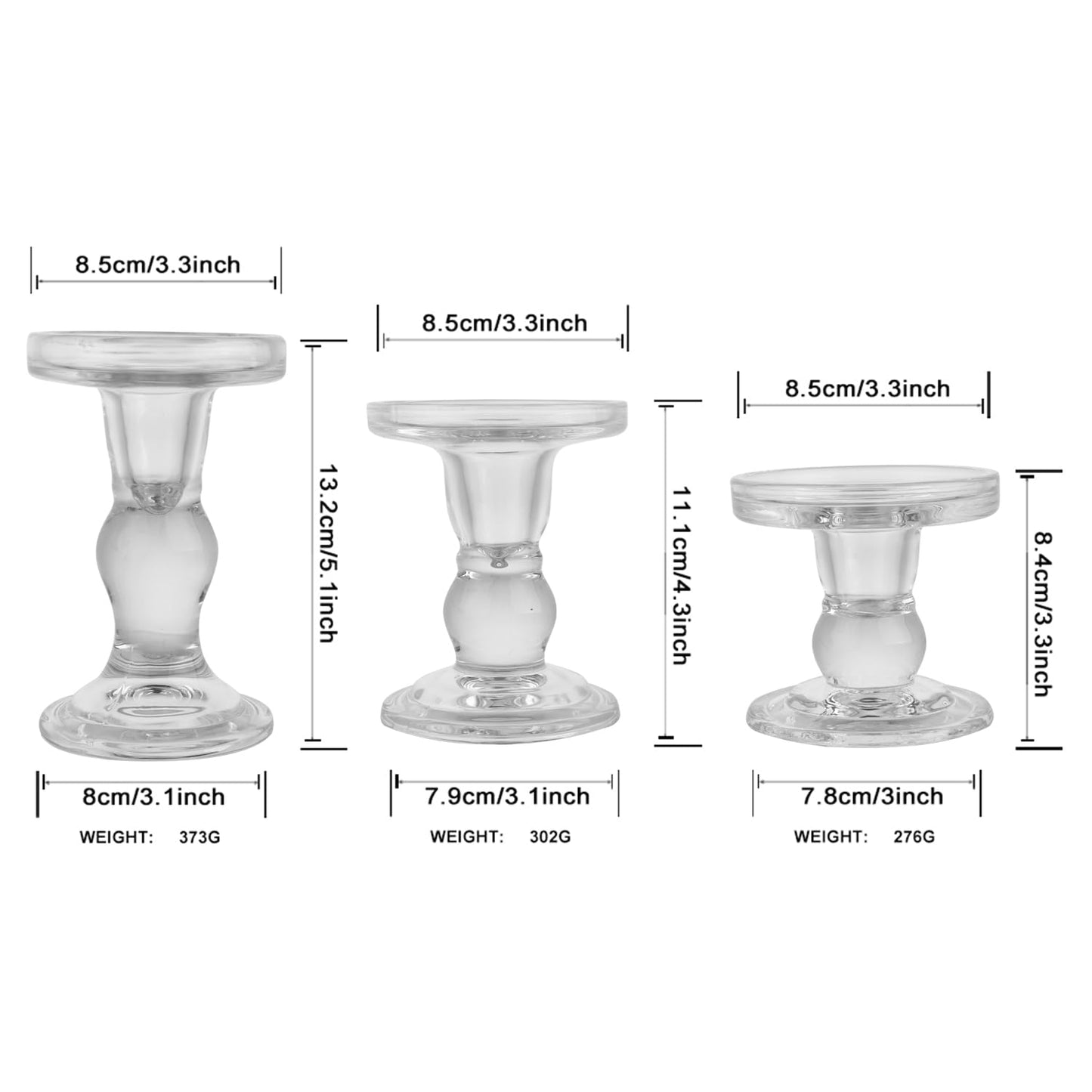 BTGLLAS 3-Piece Set of Glass Candlestick, Crystal Candlestick Holder Holder and Conical Candle, Christmas Candle Holder Decoration, Family Living Room Wedding Candle Holder (Clear)