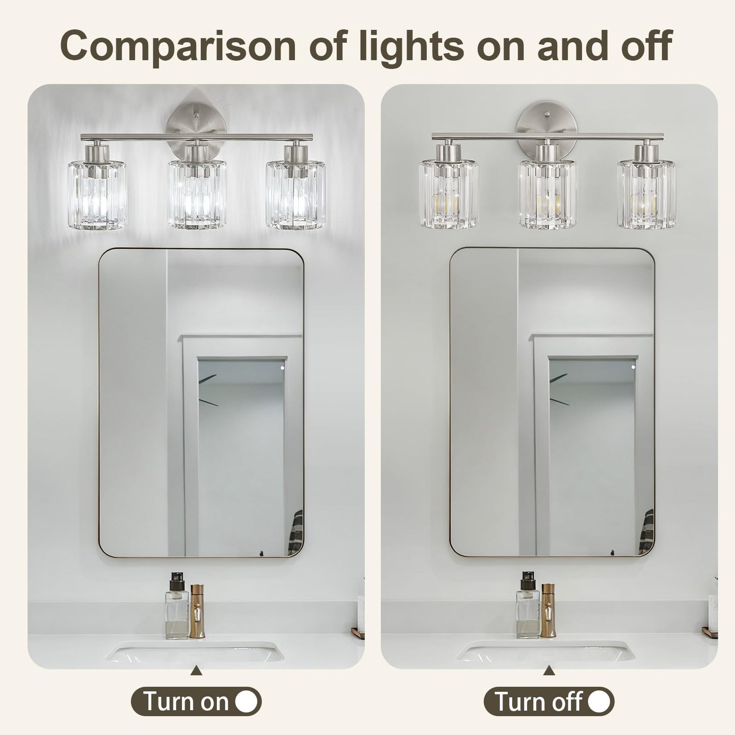 Kvhiiw Crystal Bathroom Light Fixtures, Bathroom Lighting Fixtures Over Mirror, Modern 3-Light Brushed Nickel Vanity Lights for Mirror, Restroom, Kitchen(Ceramic E26 Socket,Bulbs Not Include)