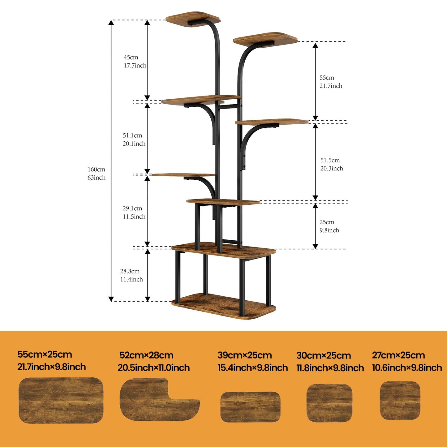 MemoCastle Tall Plant Stand with Grow Lights – 8 Tier 63" Metal and Wooden Indoor Flower Shelf Rack, Adjustable Large Corner Organizer for Living Room or Home Gardening Display