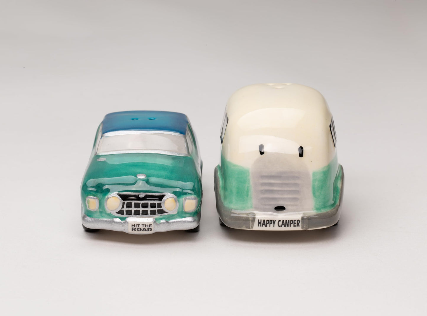 Fine Ceramic Happy Camper Car with Camping Trailer Salt and Pepper Shakers Set