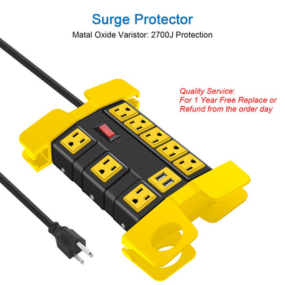 Heavy Duty Power Strip with USB, Workshop 8 Outlet Surge Protector 2700 Joules, Industrial Metal 15Amp Power Strip, 6FT Extension Cord and Wide Spaced. Yellow