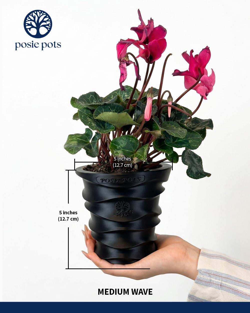 Posie Pot Medium Wave Self Watering Planter for Indoor Plants - 5x5 Inch Patented Pot with 10X Water Reservoir - Modern 3D Printed Desk Planter - Root Rot Free - Eco Friendly, Made in USA, Black
