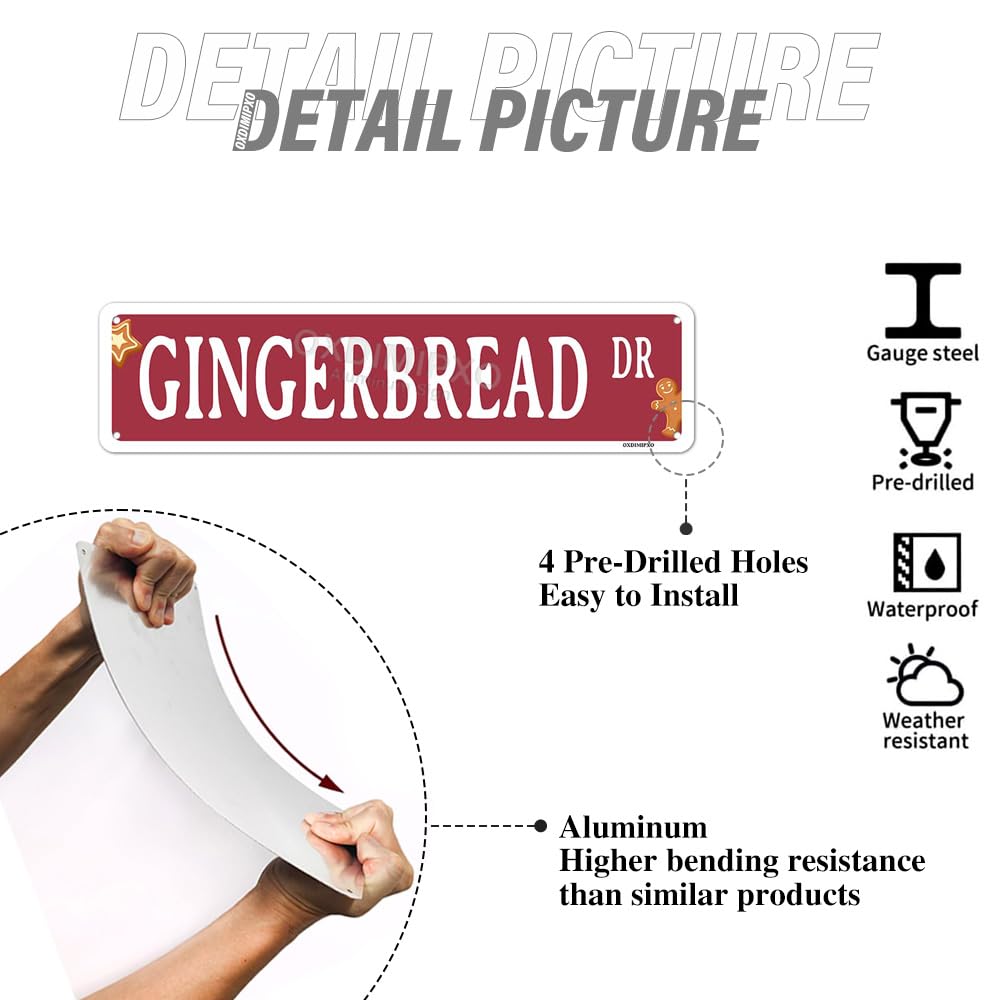 Gingerbread Dr Sign Funny Christmas Metal Street Signs Novelty Fresh Baked Poster Wall Art Decor for Kitchen Patio Yard Office Cafe Barf, Aluminium, 4x16 Inches