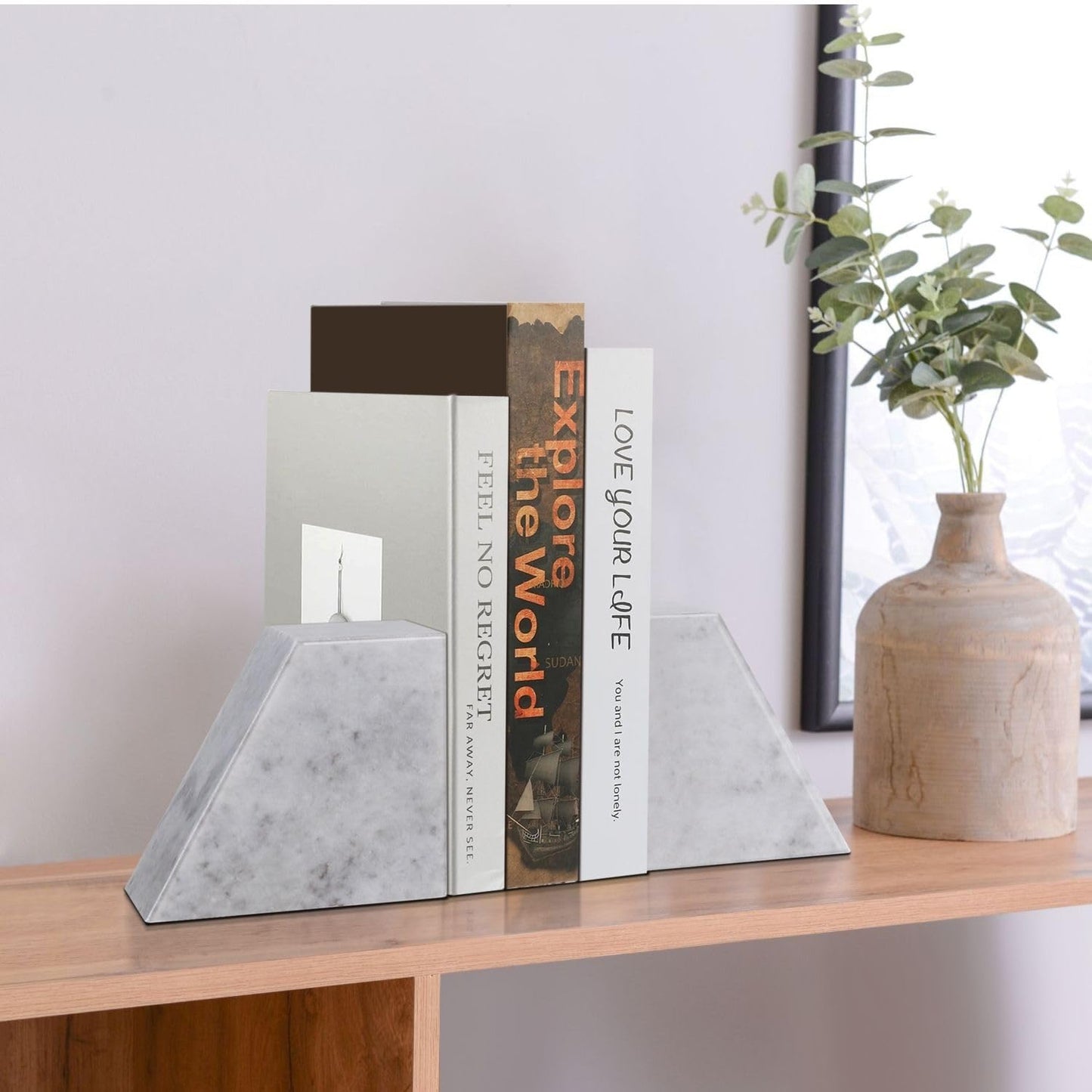 Flexzion Book Ends for Heavy Books - White Marble Bookends Decorative for Shelves, Weighted Modern Stone Marble Bookends Stopper with Non-Skid Bottom for Desk, Shelves, Kitchen and Office (Set of 2)