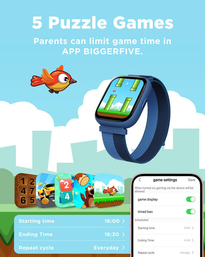 BIGGERFIVE Kids Smart Watch, 1.8" Fitness Watch Pedometer, Heart Rate, IP68 Waterproof, Sleep Tracker, Calorie Step Counter, 5 Puzzle Games with/without APP for Girls Boys Teens 5-16, Nylon