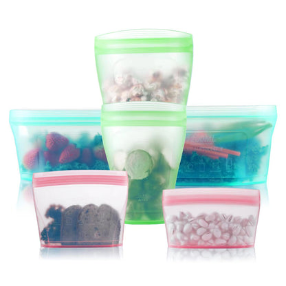 Reusable food container silicone bag, Upgrade second generation 6 Pcs Zip Containers Storage, 100% Silicone Reusable Food Bag, Stand Up Preservation Bag, Rounded interior for easy cleaning.