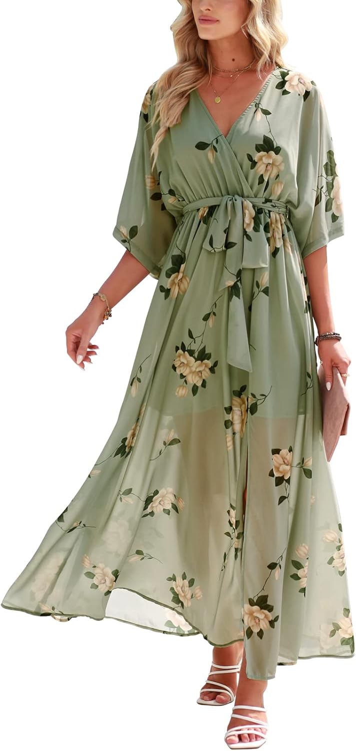 ANRABESS Womens 1/2 Sleeve Beach Wedding Guest Maxi Dresses 2025 Fall Wrap V Neck Boho Floral Flowy Slit Long Summer Dresses