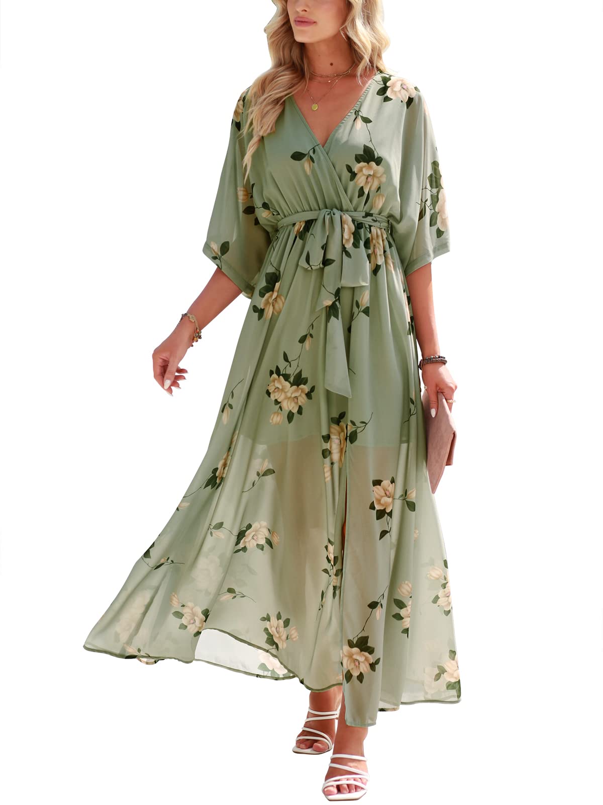 ANRABESS Womens 1/2 Sleeve Beach Wedding Guest Maxi Dresses 2025 Fall Wrap V Neck Boho Floral Flowy Slit Long Summer Dresses