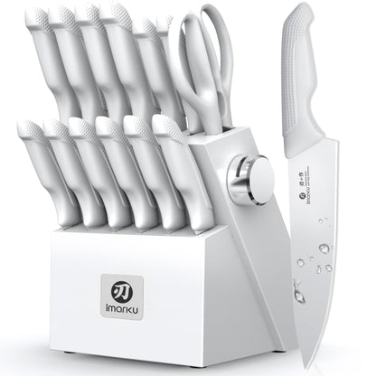 imarku Kitchen Knife Set, Japanese Knives Set for Kitchen, Stainless Steel Knife Set with Block, Kitchen Gadgets, White, Anti-Slip Handle, Dishwasher Safe, Gift for Women