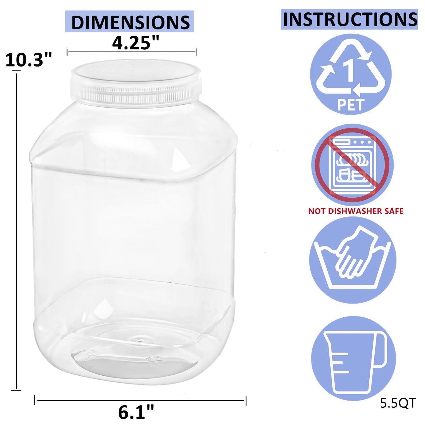 ZOOFOX 2 Pack Clear Plastic Jars, 1.5 Gallon Square Storage Containers with Screw-On Lids, Refillable Empty Jars for Kitchen & Household Storage of Dry Goods, Peanut, Candy, Airtight
