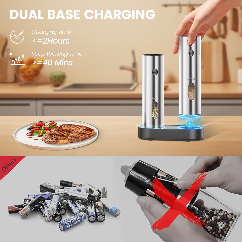 Cavir Electric Salt and Pepper Grinder Set with Charging Base,Upgraded Large Capacity, Automatic Salt and Pepper Mill Set LED light & 6-Level Adjustable Coarseness, Ideal for Home Kitchen BBQ