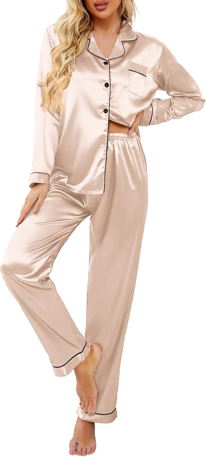 Ekouaer Women's Classic Button Down Long Satin Silk Pajama Set