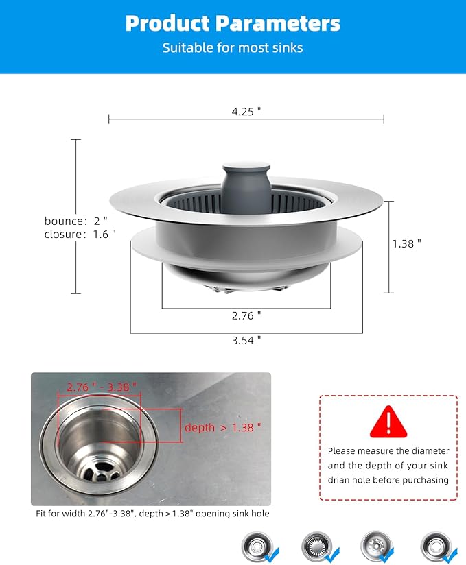 Hibbent Upgraded 3 in 1 Kitchen Sink Drain Strainer and Stopper Combo,