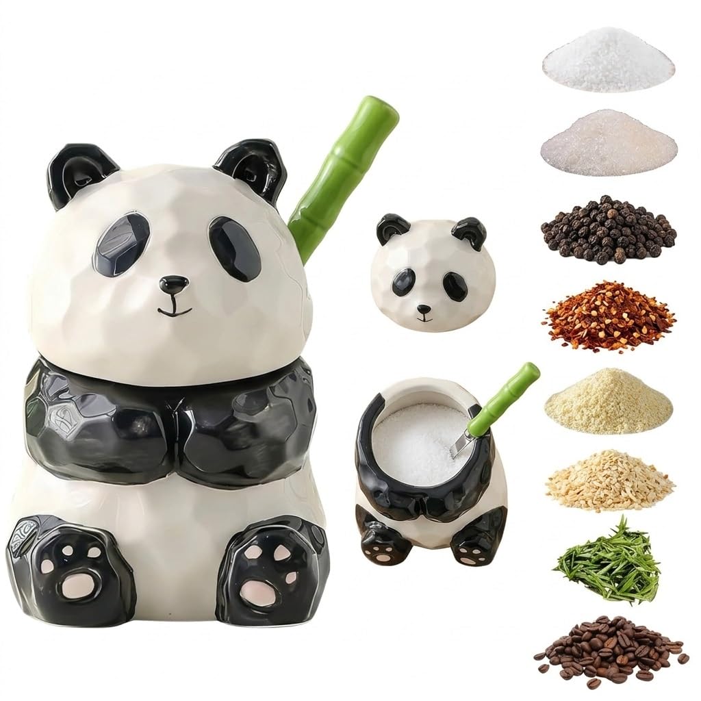 GEGIFTT Ceramic Salt Cellar with Lid and Spoon, Panda Salt & Spice Holder - Large Capacity for Countertop, High-Fired Glazed & Easy Clean, Cute Kitchen Decor, Housewarming Gift, Unique Gift for Cooks
