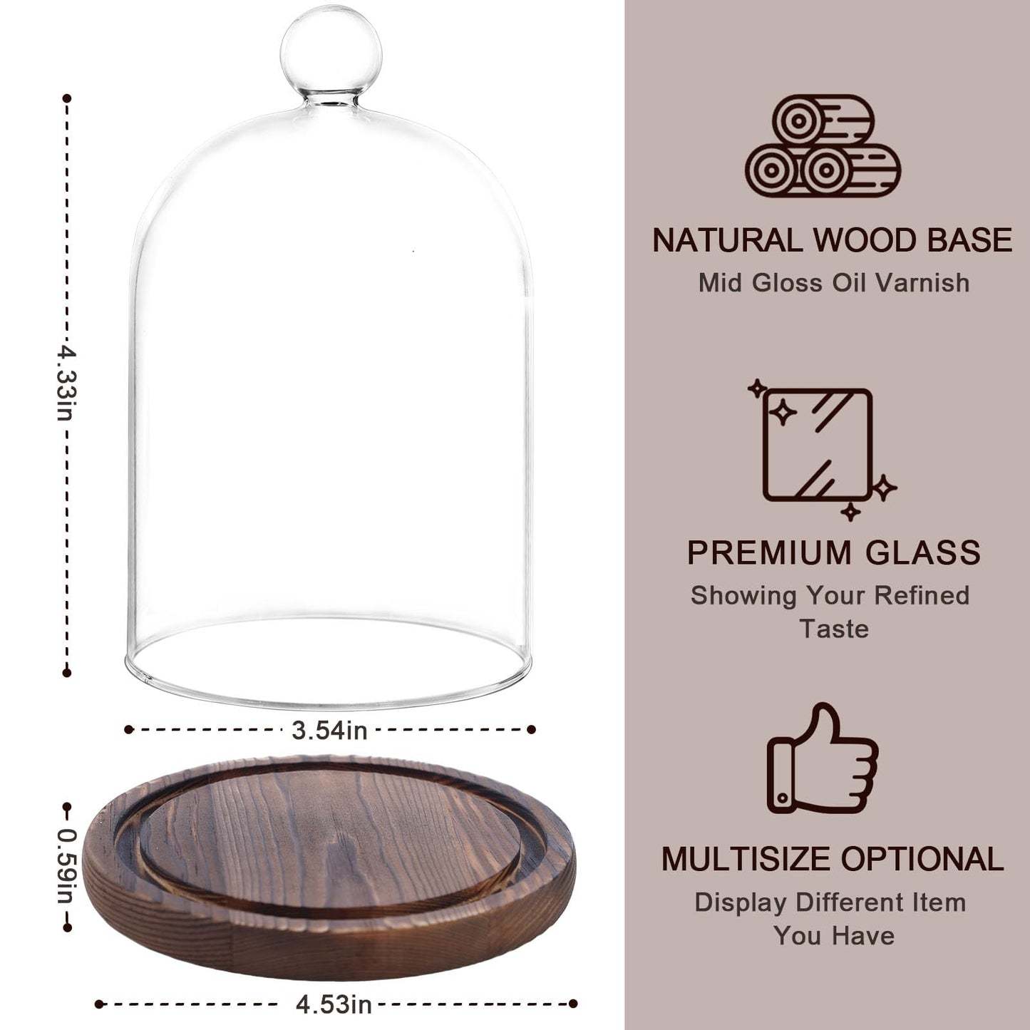 REFSAVER Glass Dome with Base,Glass Cloche Bell Jar,Display Case with Wooden Base for Plants,Collectibles (3.5 * 4.3 inches)