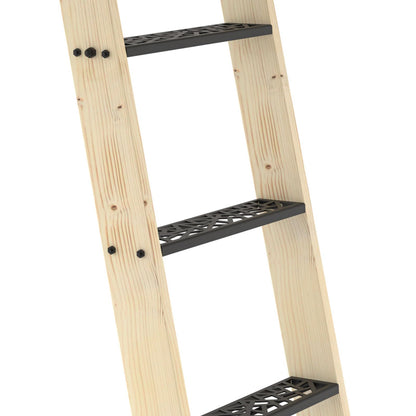 LKCBITION 72inch Knotty Pine Wood Library Ladder with Black Metal Step and Handle, Includes 24inch Rustic Black Wall Mount Pipe Railing with Hooks(Suitable Installation Height 70-5/8")