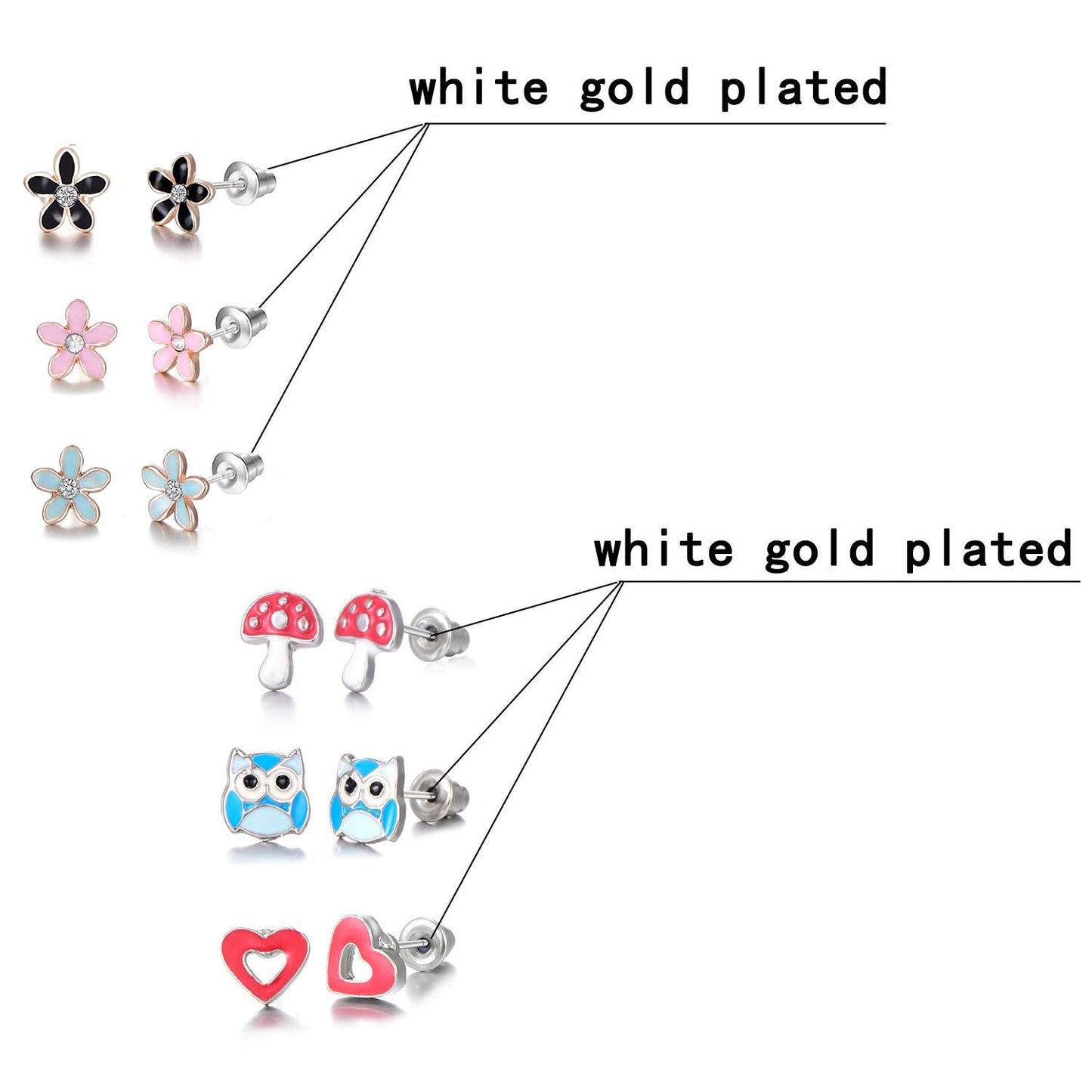 30 Pairs Stainless Steel Mixed Color Cute Animals Fox Heart Star Ladybug Bee Frog Mushroom Tree Daisy Umbrella Rose Gold White Pearl Stud Earrings Set (animal tree pearl)