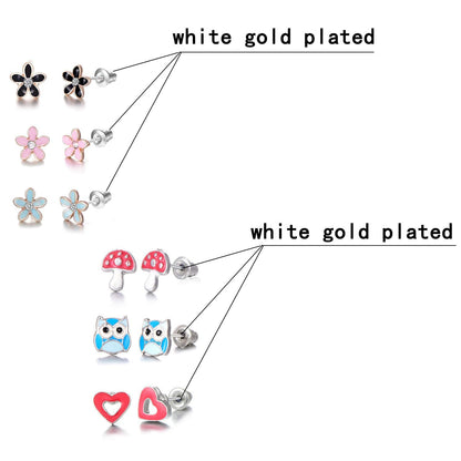 30 Pairs Stainless Steel Mixed Color Cute Animals Fox Heart Star Ladybug Bee Frog Mushroom Tree Daisy Umbrella Rose Gold White Pearl Stud Earrings Set (animal tree pearl)