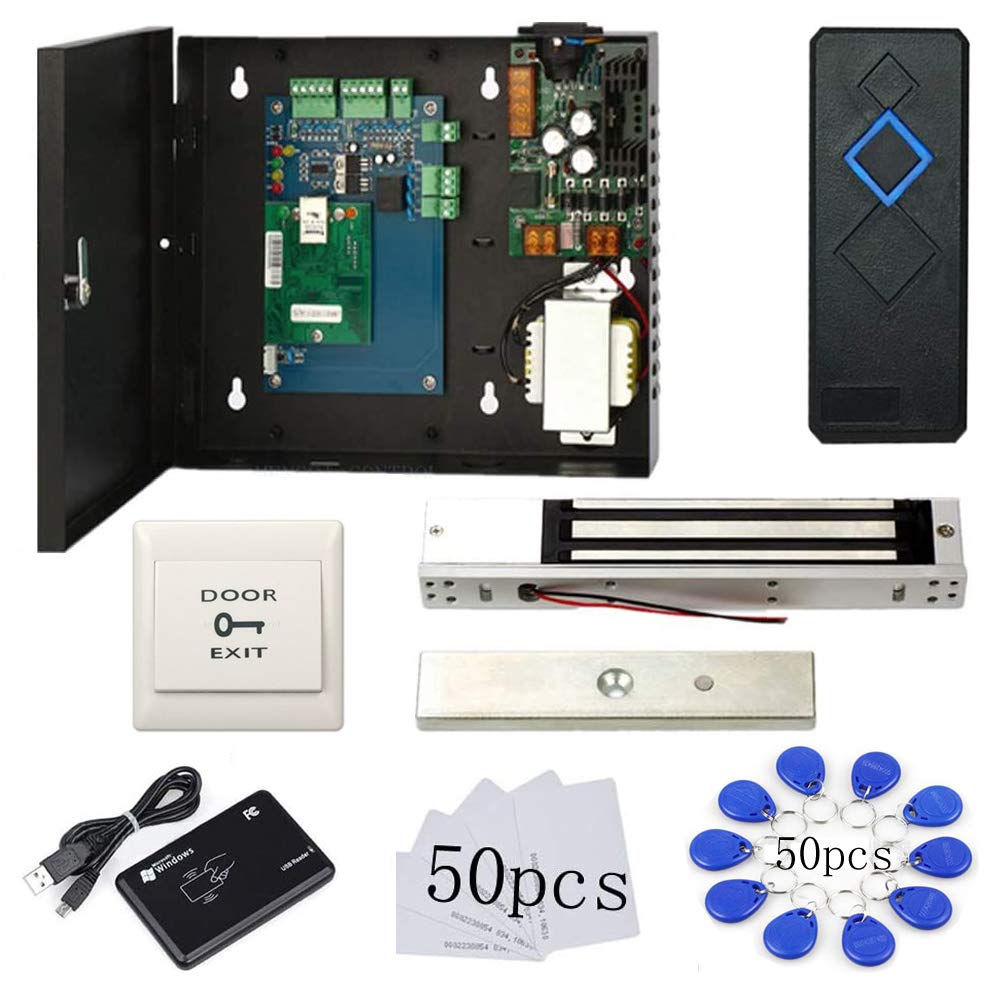 MENGQI-CONTROL 1 Door Proximity RFID Card Access Control System with 600lbs Magnetic Lock 110V Power Supply Box RFID Reader Push to Exit Button USB Enroll Reader Card & Key Fob APP Remotely Open Lock