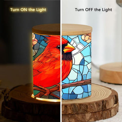 Cardinal Stained Glass Tea Light Holder for Home Decoration, Pink Flower Tealight Candle Holders with Bamboo Lid, Cardinal Bird Votive Candle Jar Memorial Glass Candlesticks - 3.5"x2.8"
