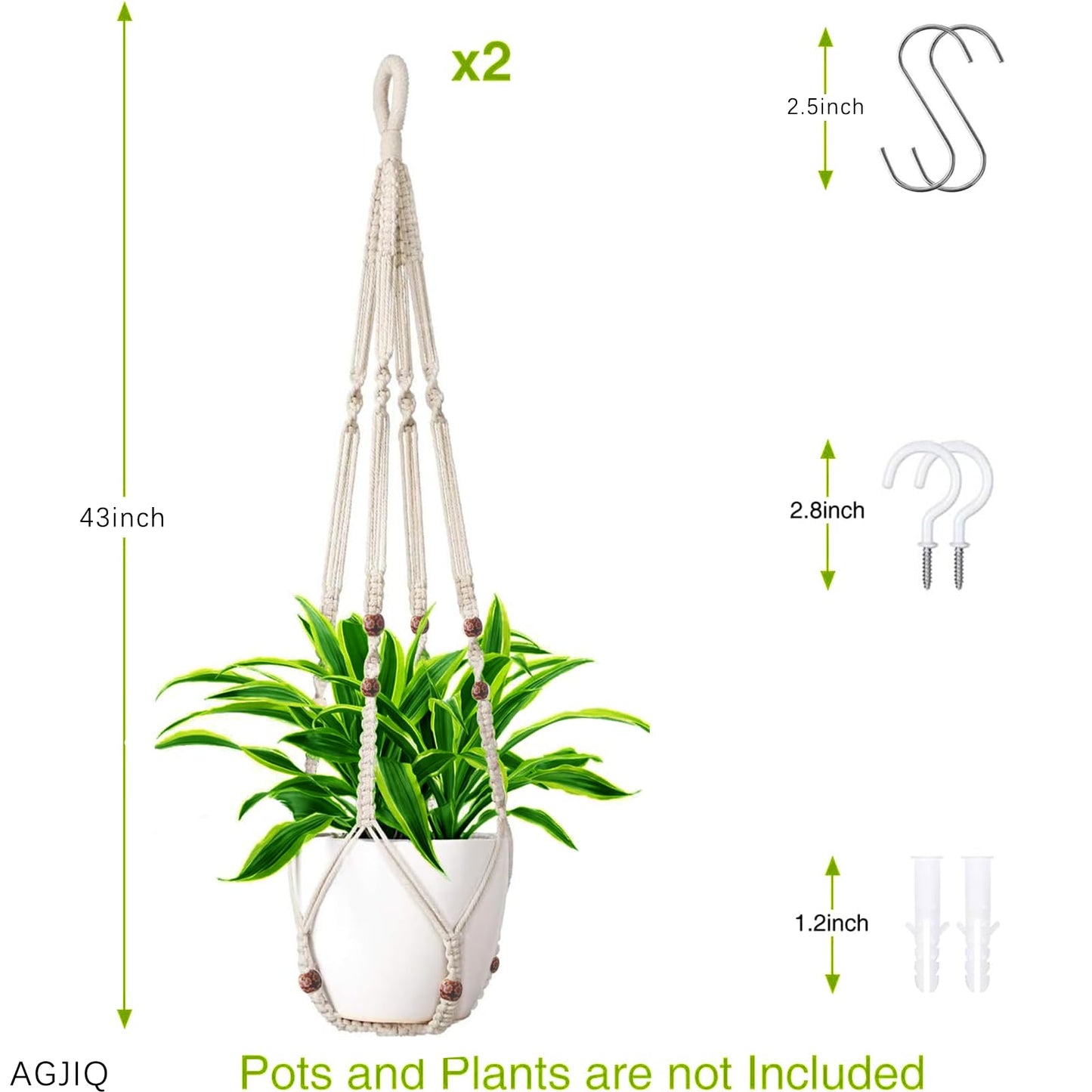 43 Inch Macrame Plant Hanger Large,Heavy Duty Indoor Hanging Plant Holder for Plants Pots Hangers for Live Plants,Outdoor Garden Home and Boho Wall Home Ceiling Decor,2 Set(Planter Pot Not Included)