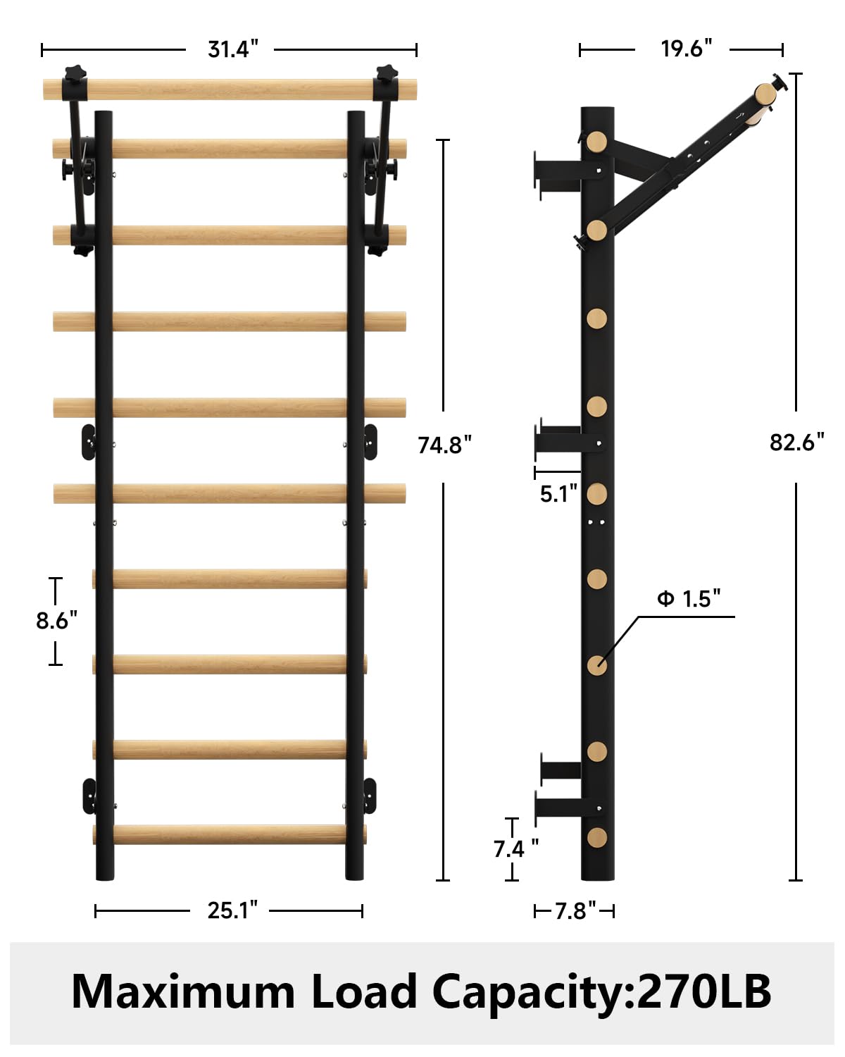 Cofiyard Swedish Ladder Wall Gym, Wooden Wall-Mounted Stall Bars with Pull-up Bar & Exercise Straps & Dip Bars, Stretching Ladder Full Body Home Gym Adults New