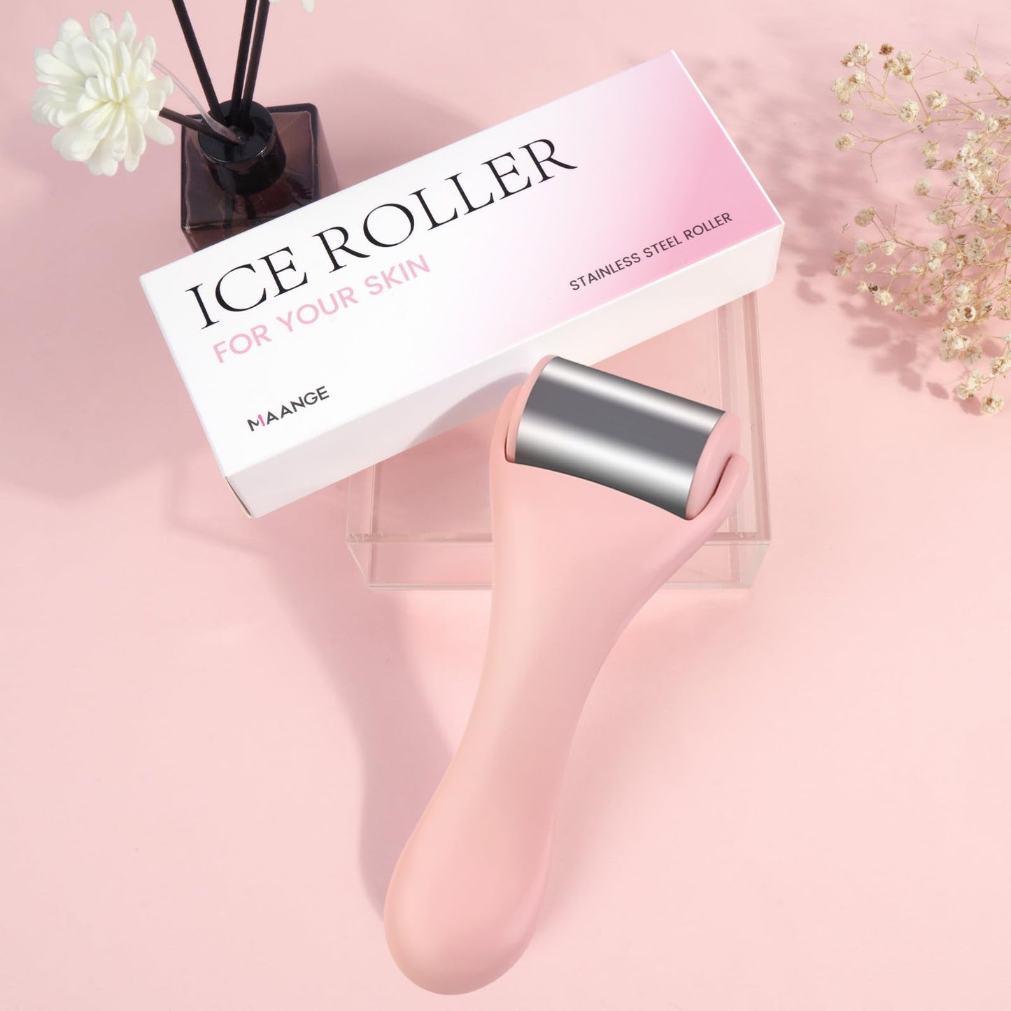 Ice Roller for Face and Eye 2 Pcs,Face Roller Skin Care for Puffiness,Migraine,Pain Relief,Eye Roller For Puffy Eyes Dark Circles,Stainless Steel Facial Roller (Pink)